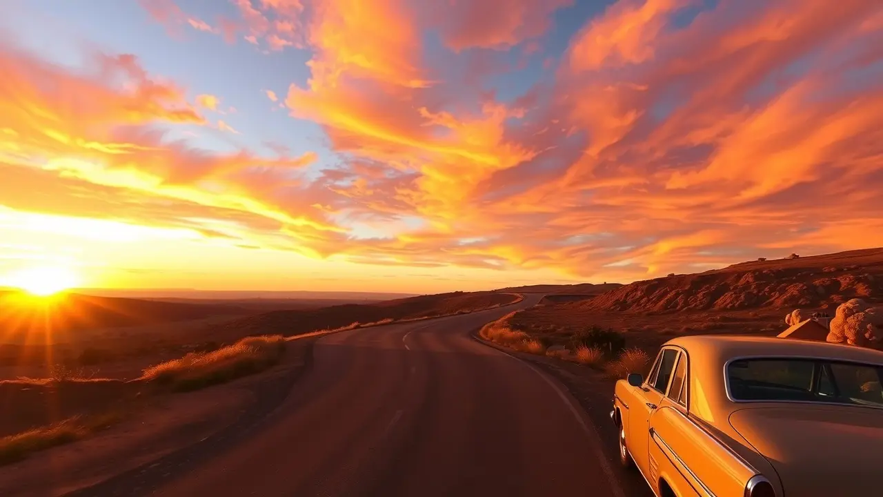 Estrada ao pôr do sol representando uma jornada.