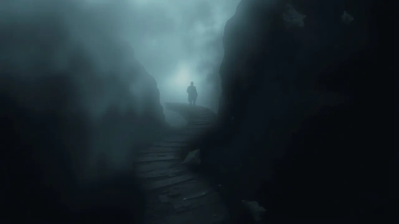 Caminho estreito e enevoado, simbolizando desafios.