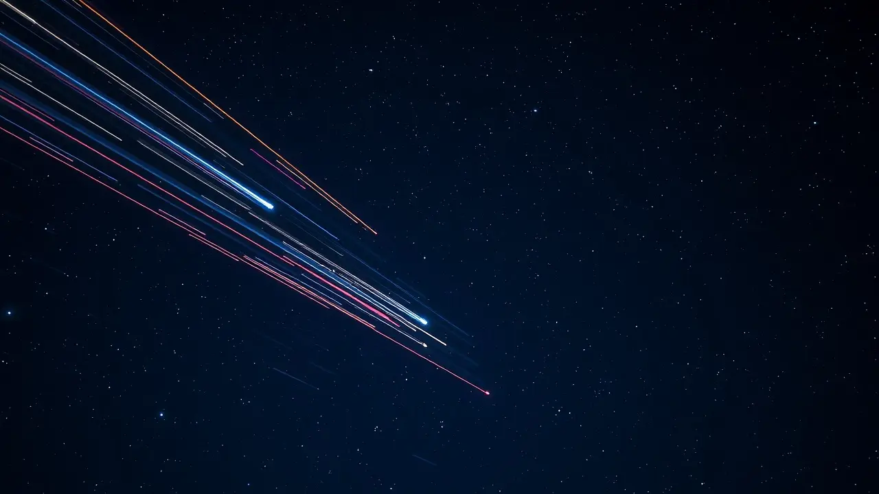 Céu noturno com chuva de meteoros coloridos.