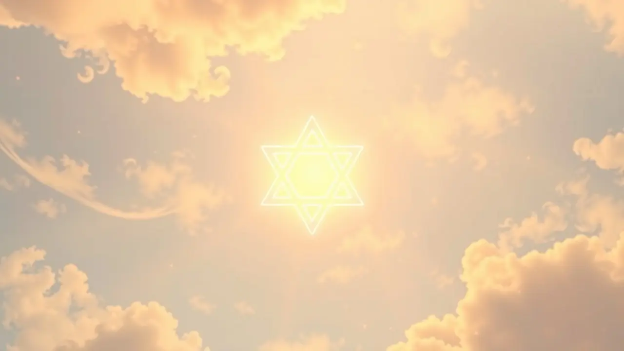 Estrela de Davi brilhante em um céu etéreo, simbolizando sonhos e espiritualidade.