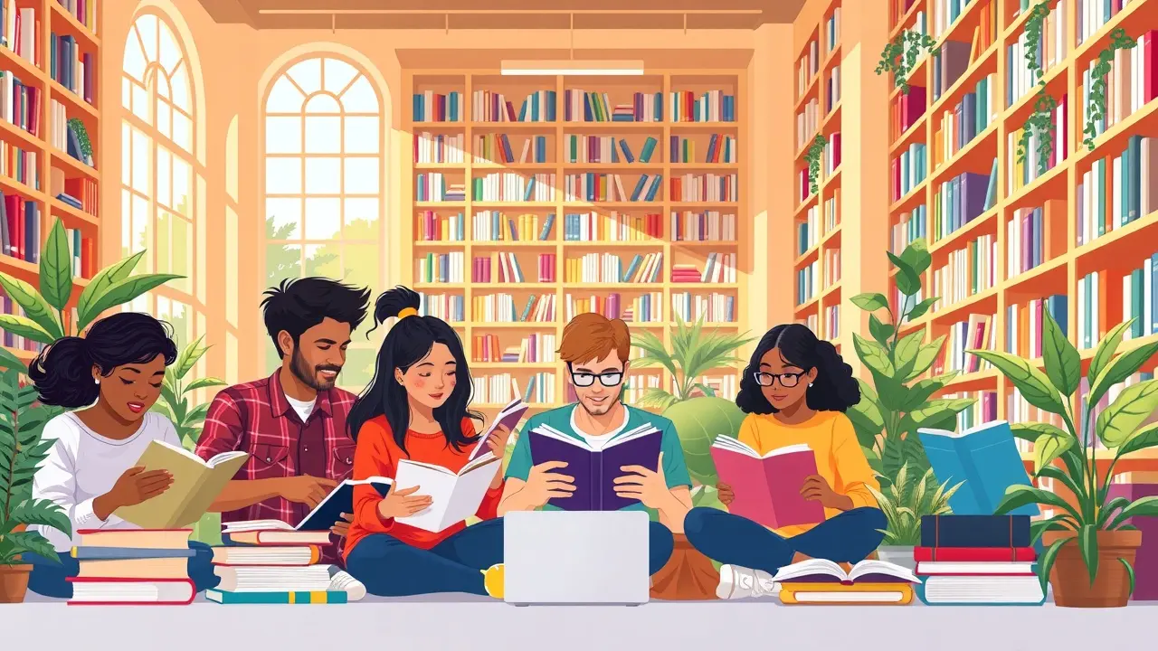 Grupo diverso de estudantes estudando em biblioteca ensolarada