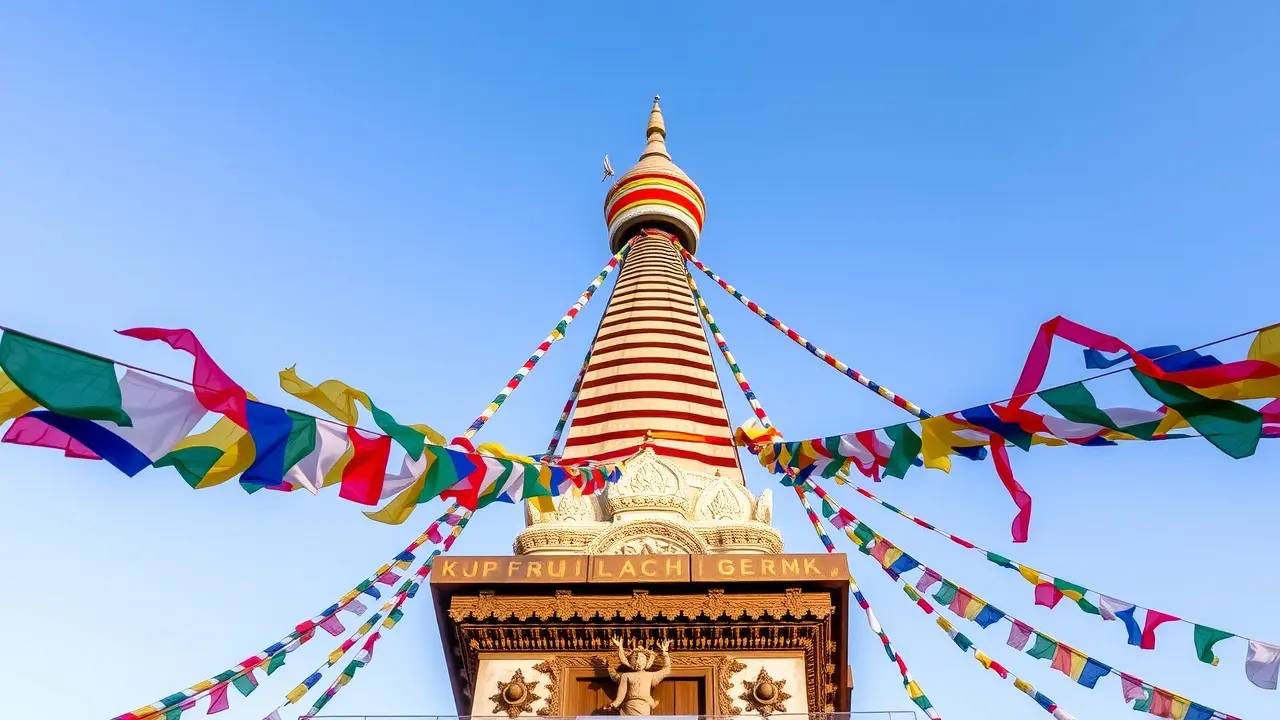 Sonhar com Estupa: Desvende os Significados e Simbolismos Estupa colorida com bandeiras de oração, representando a busca espiritual.