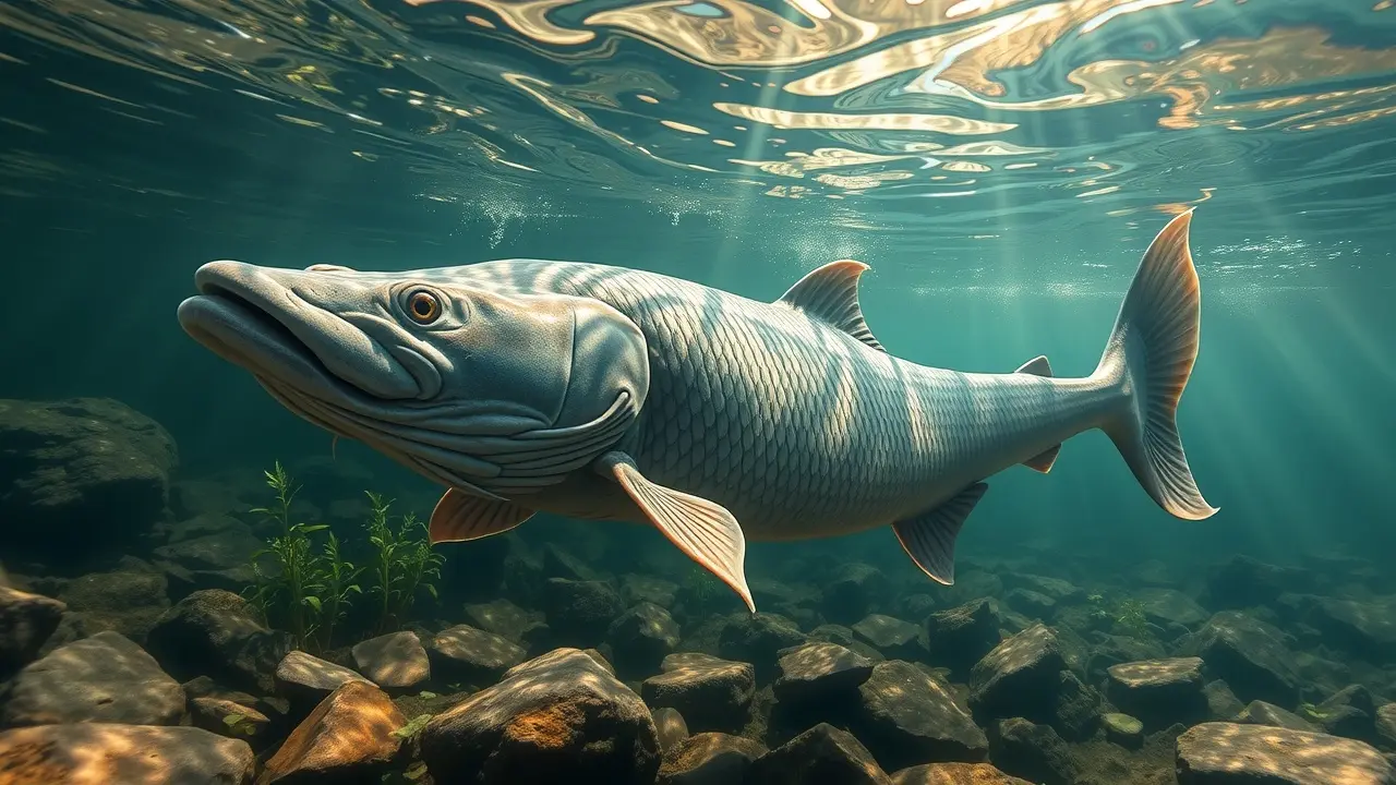 Um esturjão nadando em um rio cristalino.