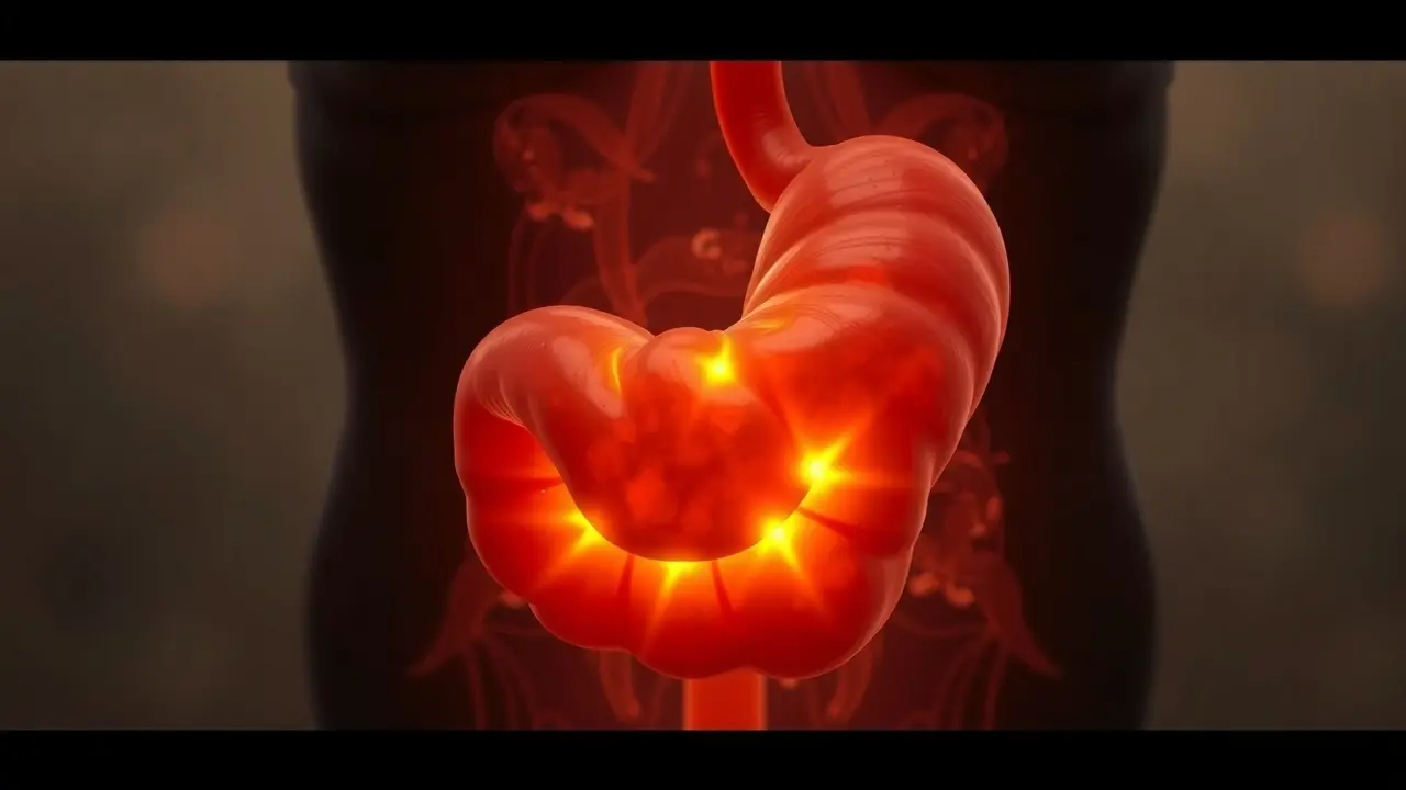 Ilustração onírica de um estômago brilhante.