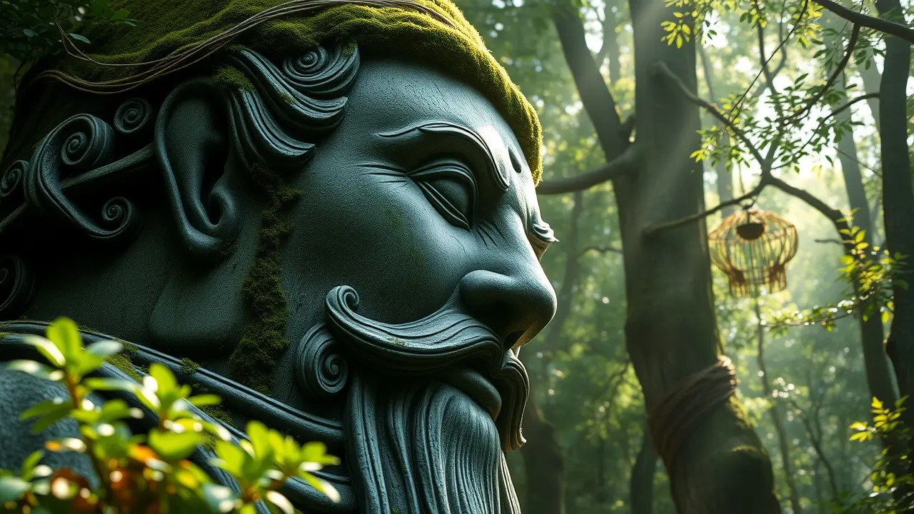 Estátua antiga coberta de musgo em floresta verdejante