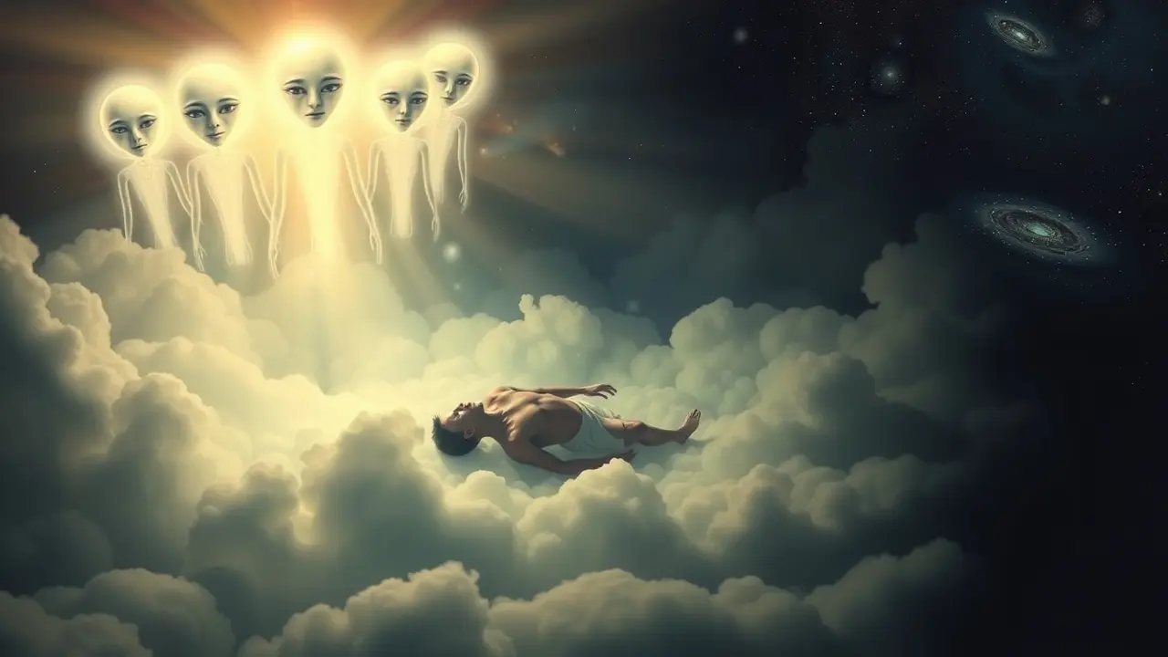 Sonhar com E.T.: Desvende os Mistérios e Significados! Pessoa flutuando cercada por E.Ts benevolentes em sonho.