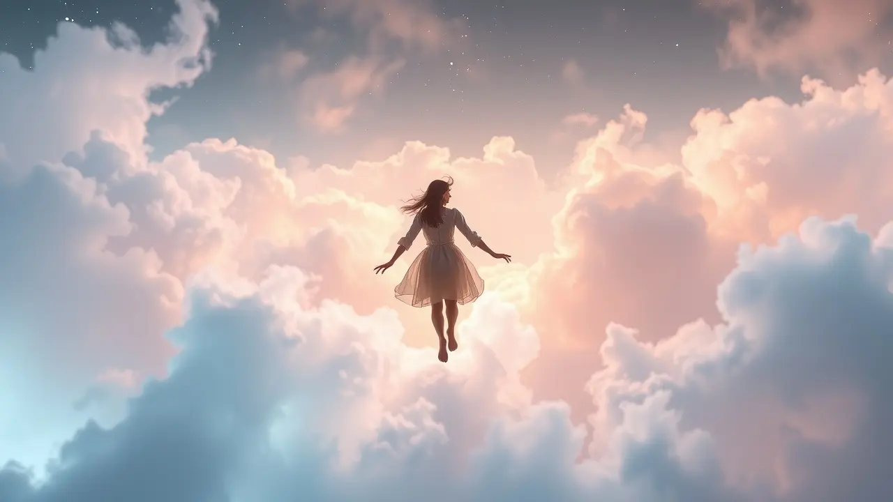 Sonhar com Éter: Desvende os Significados e Simbolismos Ocultos Pessoa flutuando em nuvens coloridas, representando sonho com éter.