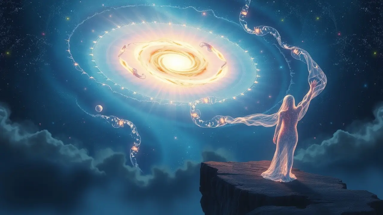 Sonhar com Ethos: Desvende o Significado e as Profundas Implicações Morais Figura etérea contemplando a galáxia, representando o ethos