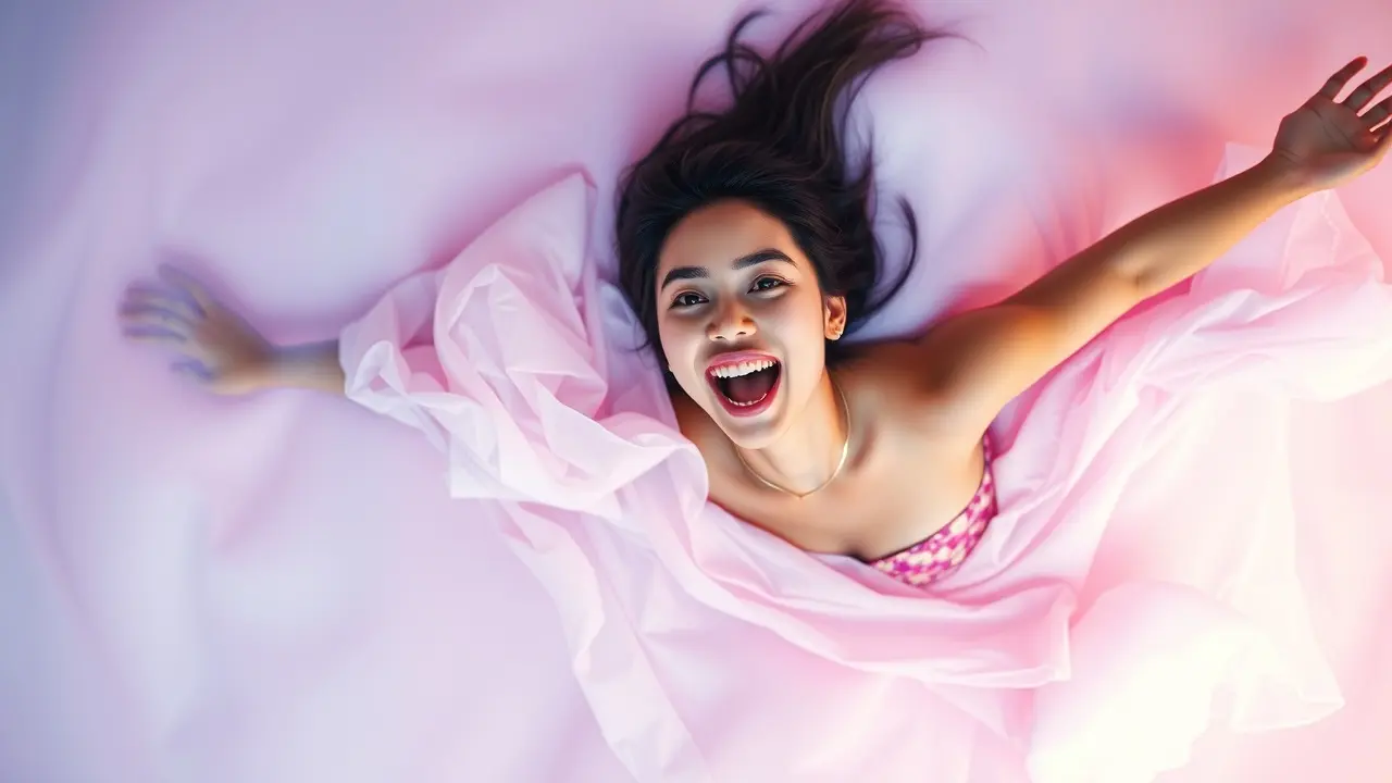 Pessoa irradiando alegria em um mar de cores pastel