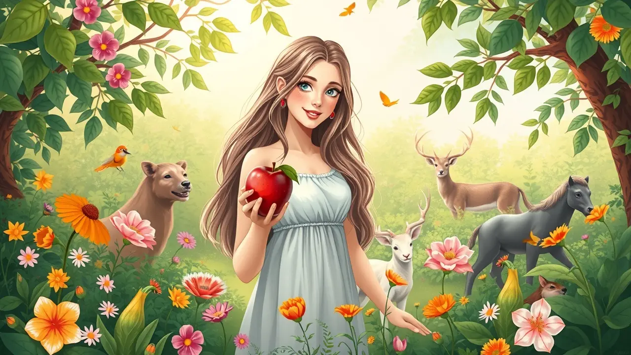 Eva no Jardim do Éden com maçã, representação onírica.