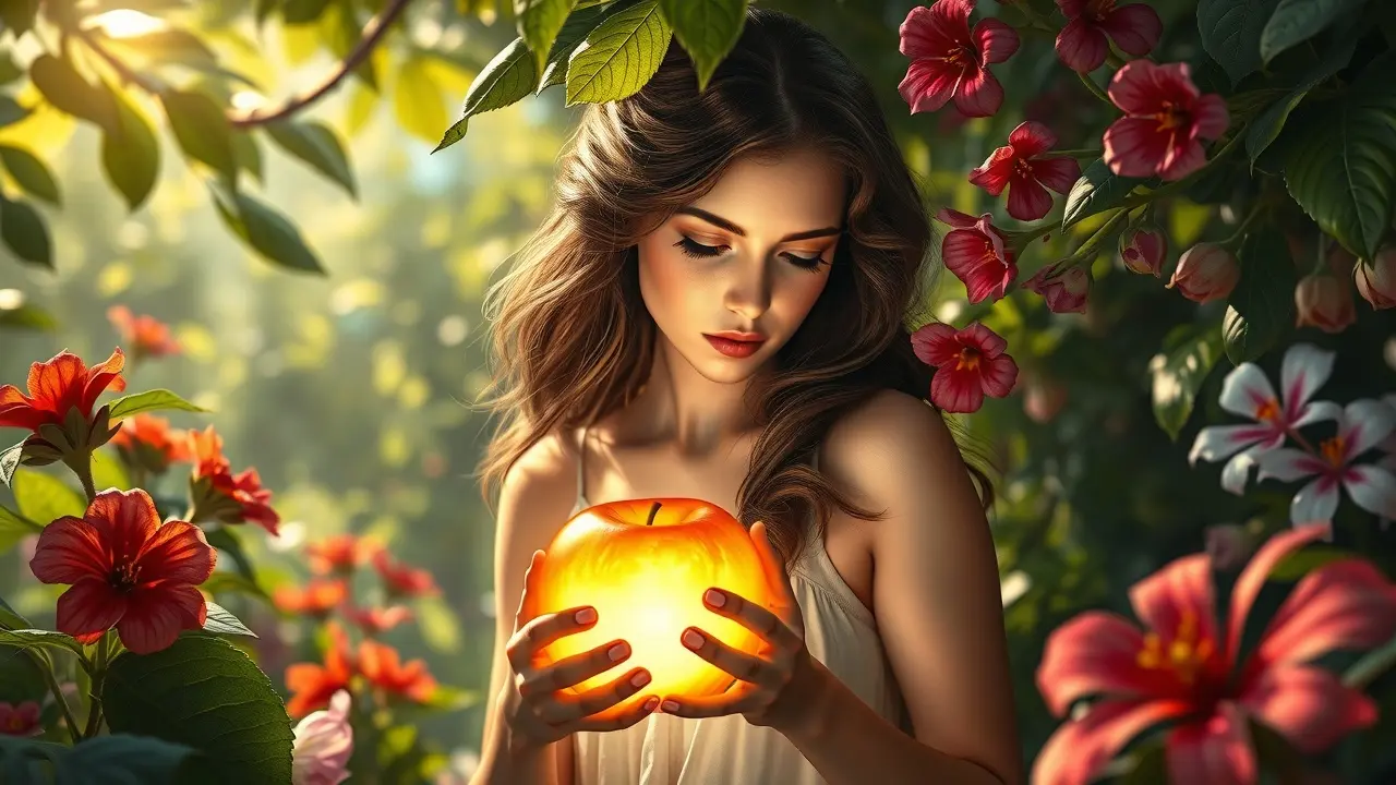 Sonhar com Eva: Descubra os Significados e Interpretações Eva no Jardim do Éden segurando maçã.