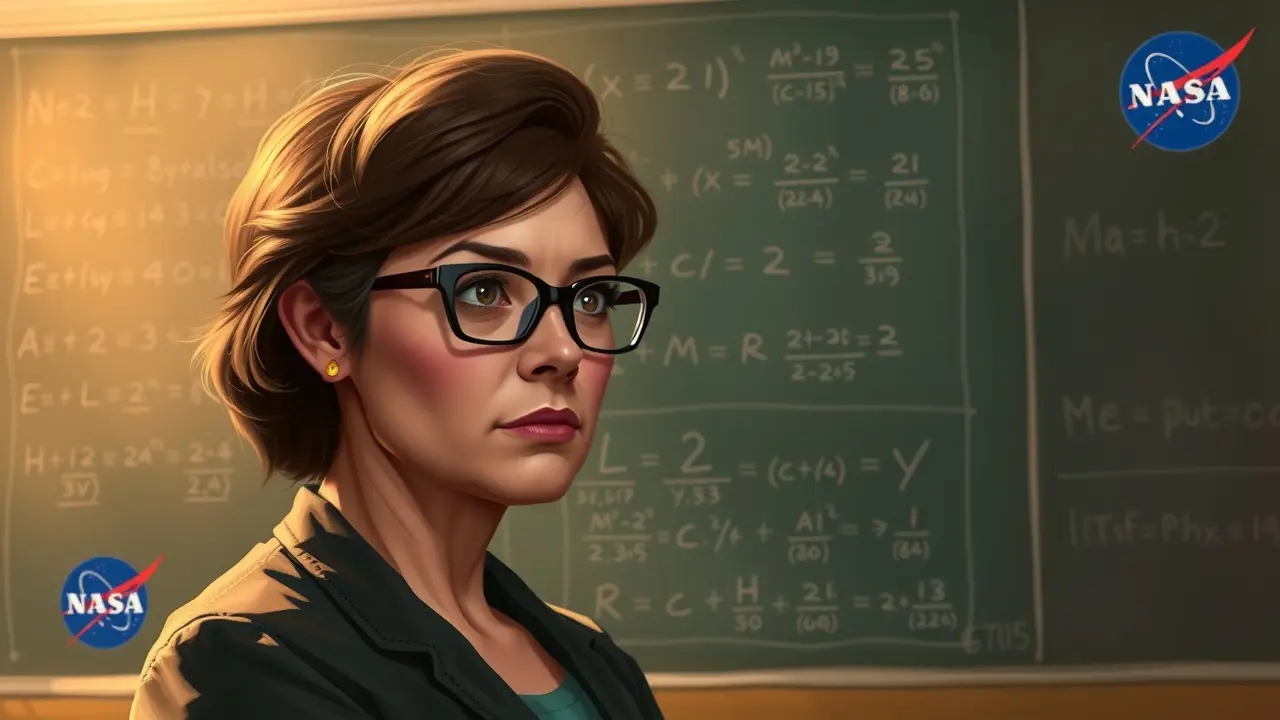 Sonhar com Evelyn Granville: Descubra o Significado e as Implicações Evelyn Granville sorrindo em frente a um quadro negro com equações.