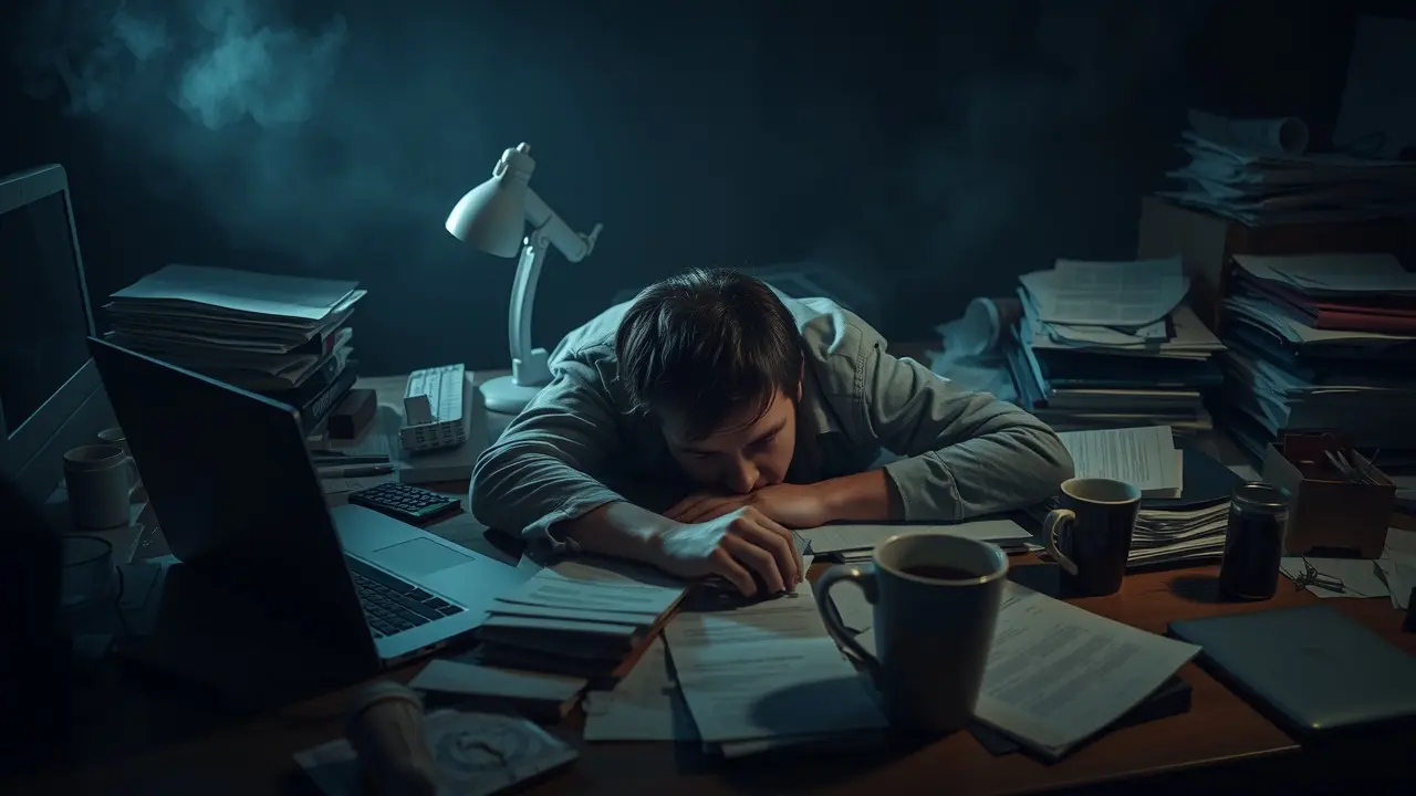 Pessoa exausta sobre a mesa, sonho com exaustão.