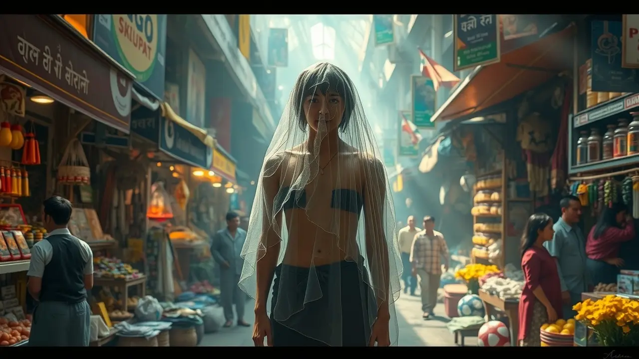 Sonho com exibicionismo: pessoa confiante em mercado vibrante.