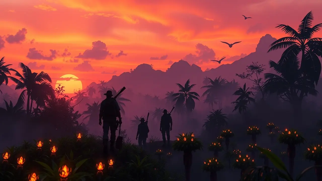 Expedição em uma selva ao amanhecer