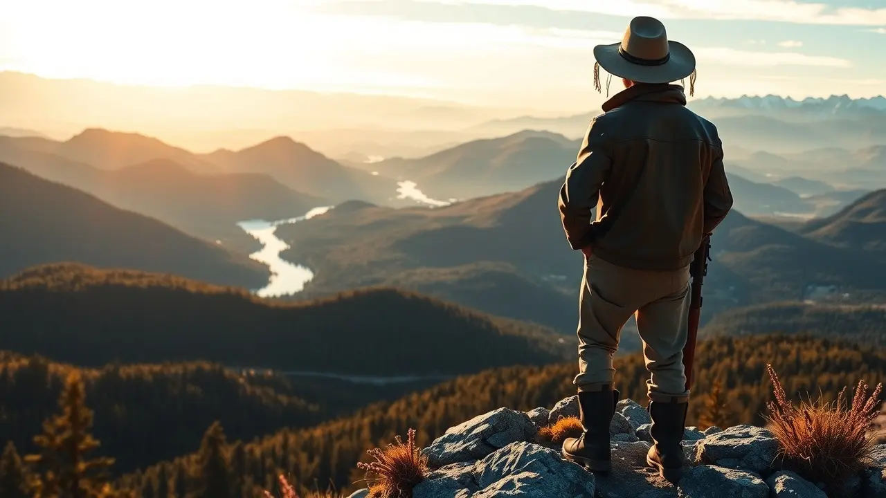 Um explorador contemplando a vastidão da natureza ao amanhecer.