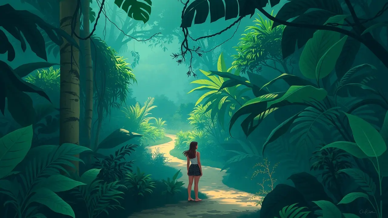 Significado de Sonhar com Exploração: Descubra as Mensagens Ocultas Mulher encarando selva inexplorada em sonho.
