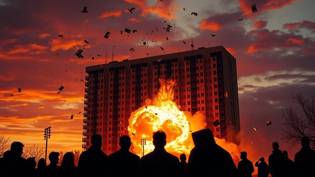 Sonhar com Explosão: Descubra os Significados Ocultos! Pessoas observando prédio em explosão ao entardecer.