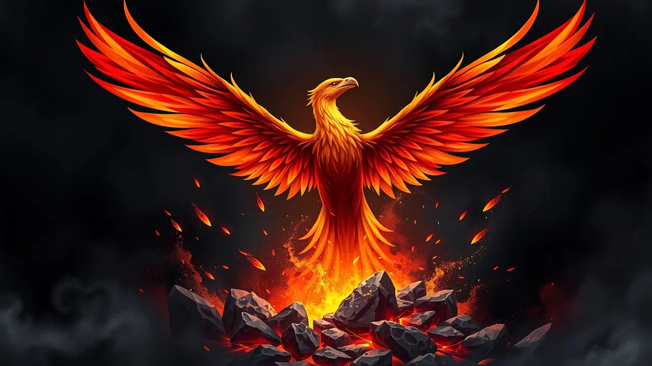 Fênix renascendo das cinzas, simbolizando renovação após extermínio.
