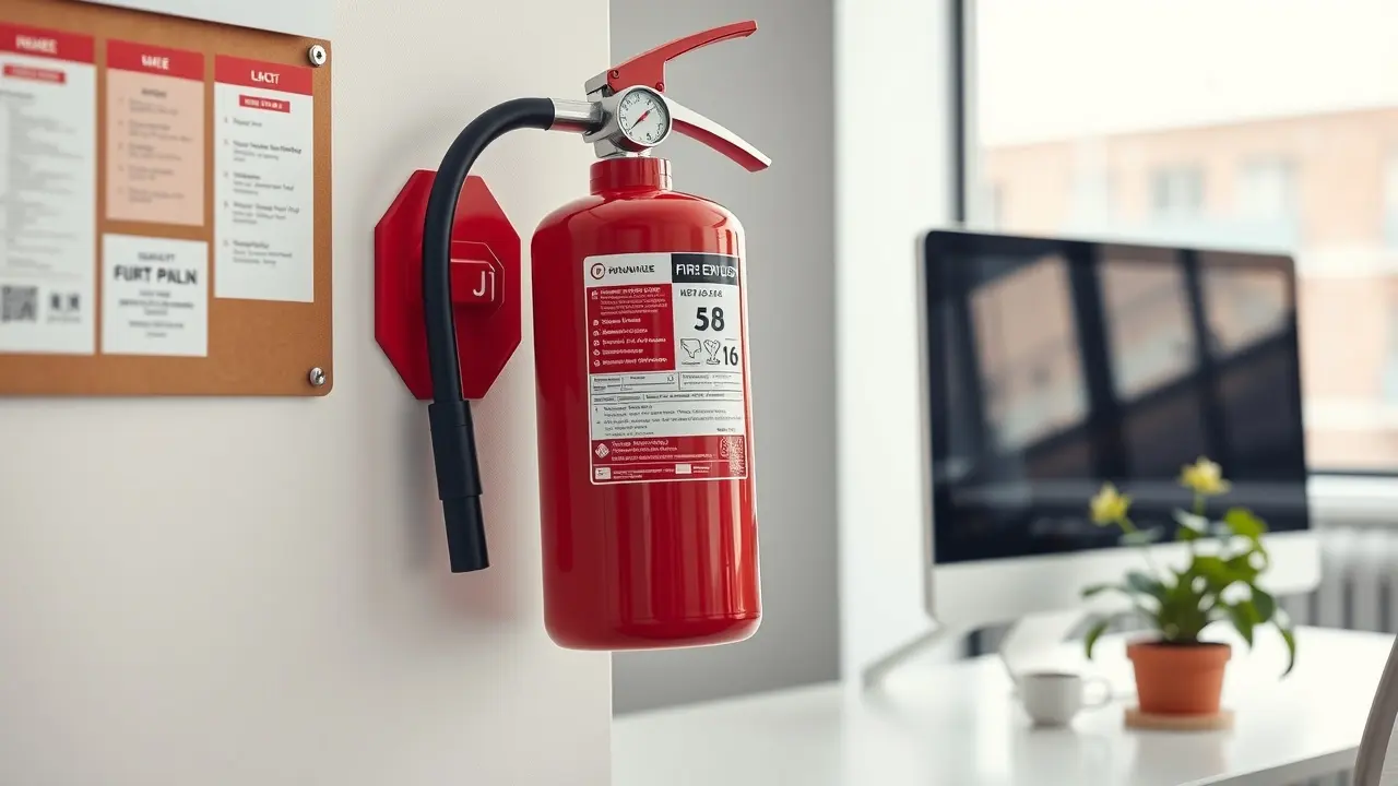 Sonhar com Extintor: Descubra os Significados Ocultos Um extintor de incêndio vermelho em um escritório moderno.