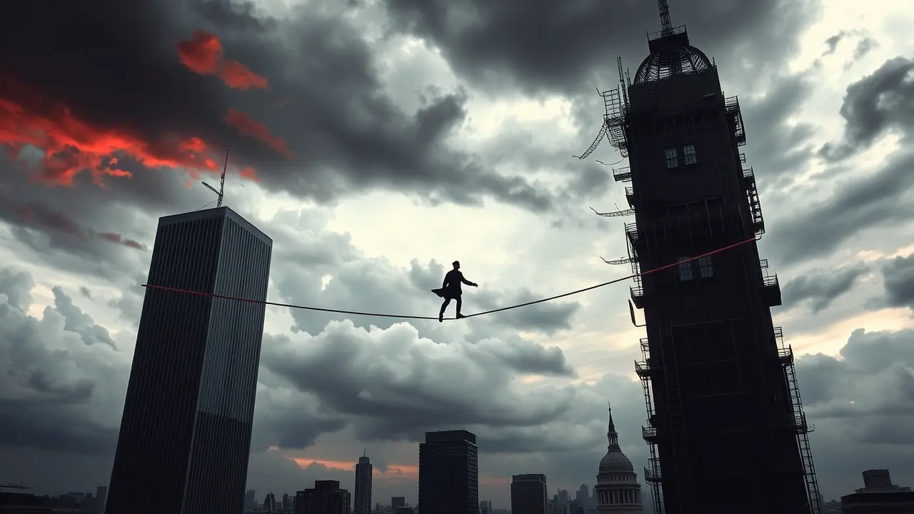 Sonhar com Extremismo: Desvendando os Significados Ocultos Pessoa equilibrando-se entre prédios opostos, simbolizando extremismo.