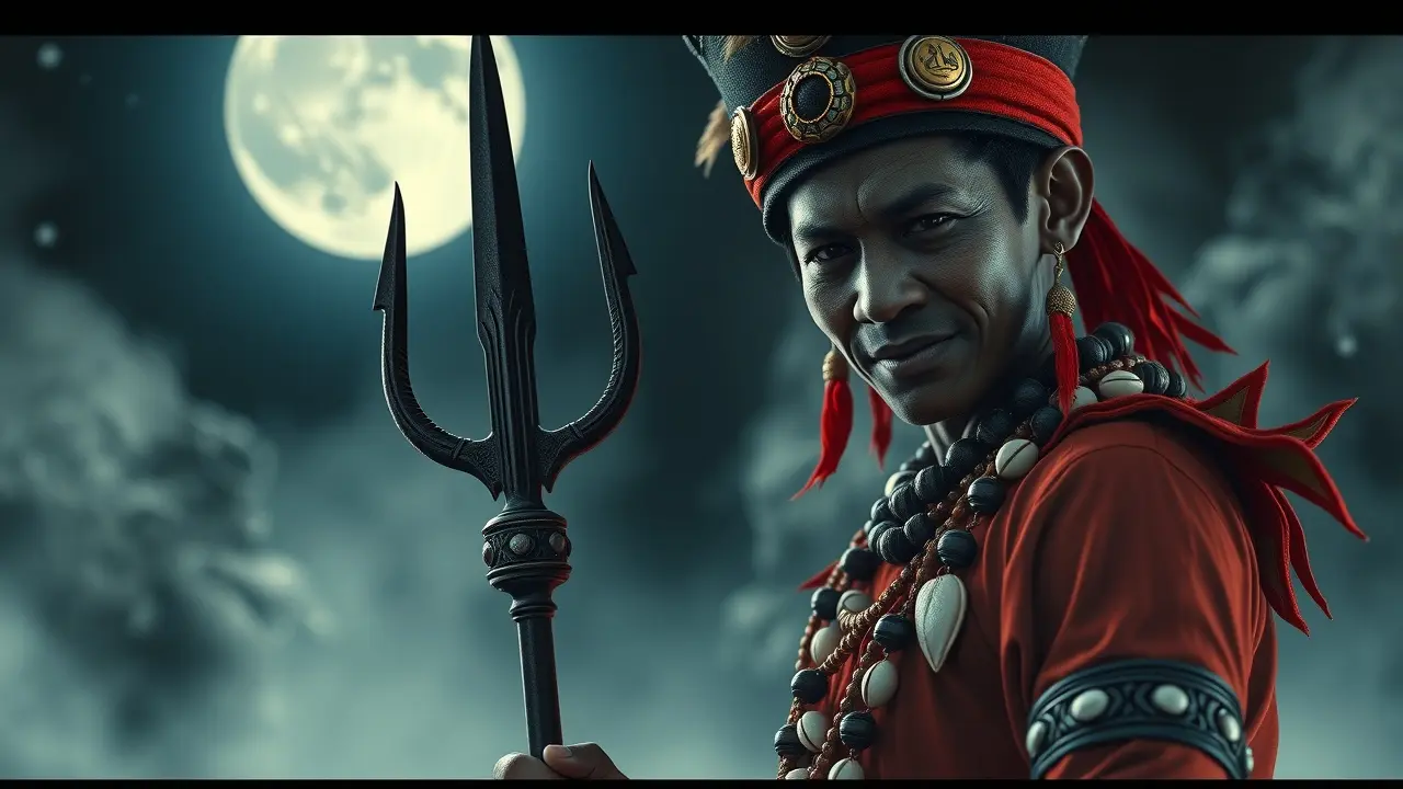 Sonhar com Exu: Desvendando os Mistérios e Significados Exu sorrindo segurando tridente em encruzilhada iluminada pela lua