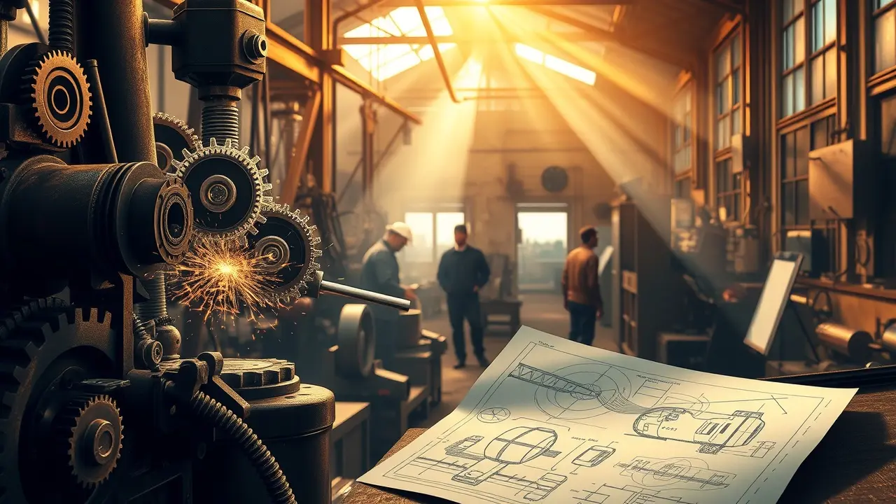 Sonhar com Fabricação: Descubra os Significados e Interpretações Fábrica cheia de luz e engrenagens, representando fabricação.