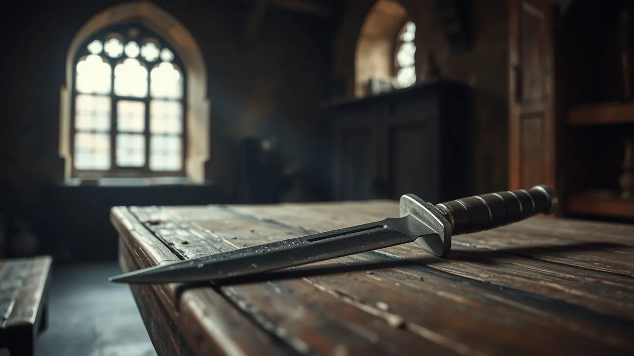 Faca antiga sobre mesa de madeira.