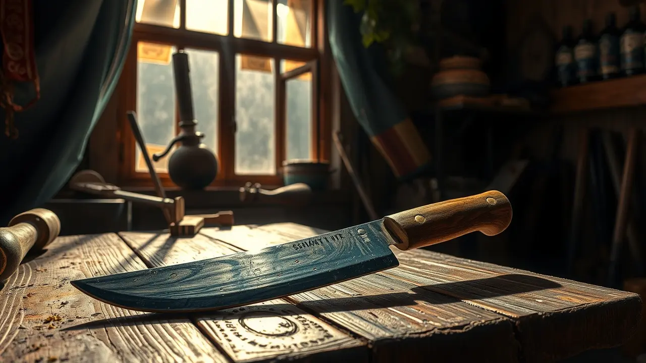 Facão brilhante em oficina rústica.