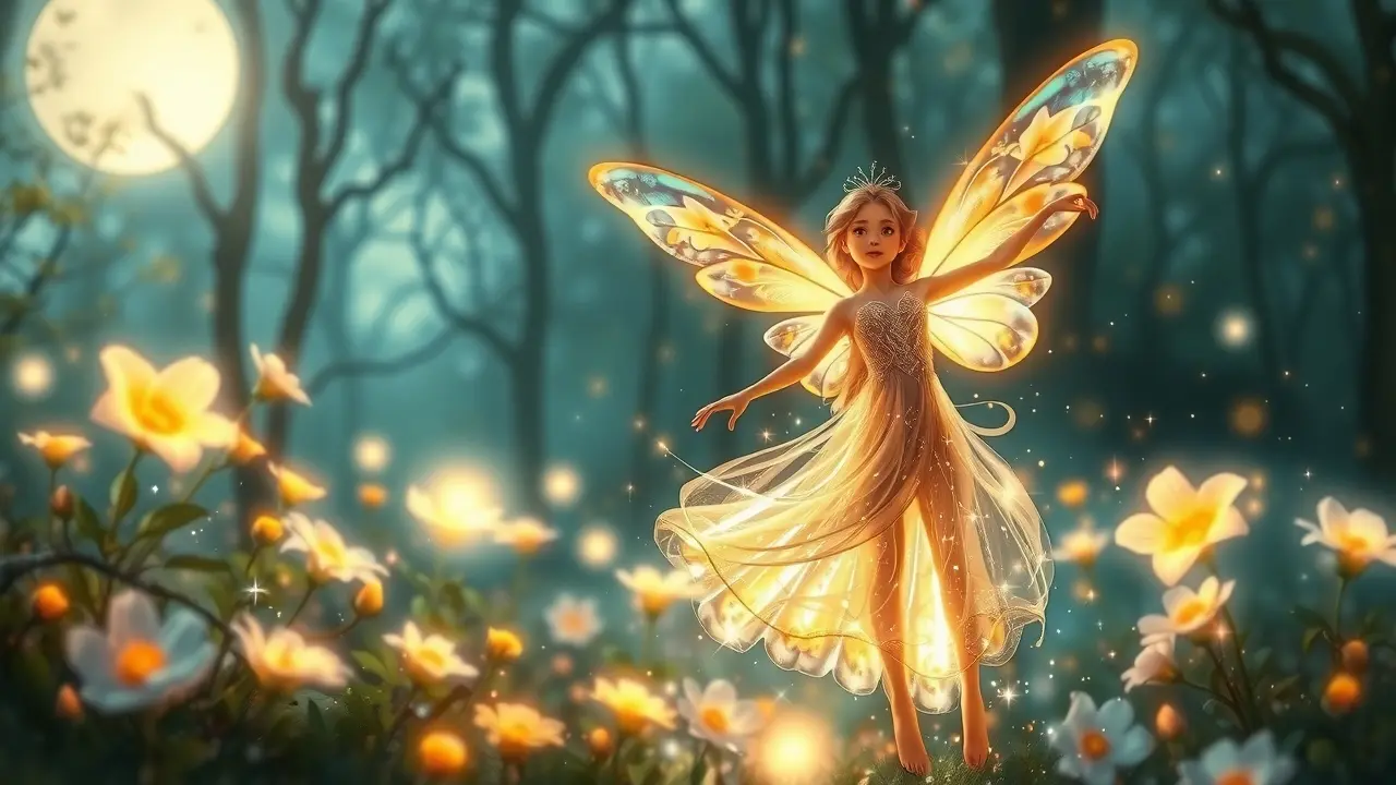 Fada luminosa dançando na floresta à noite.