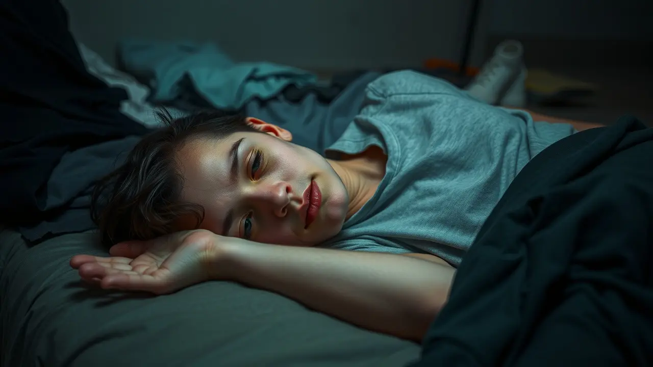 Pessoa exausta deitada na cama