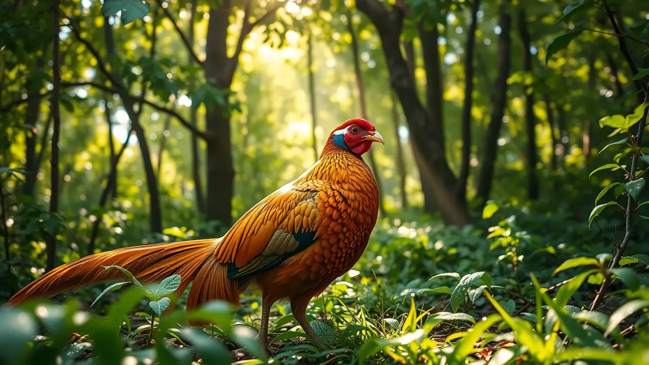 Faisão-dourado em floresta exuberante.