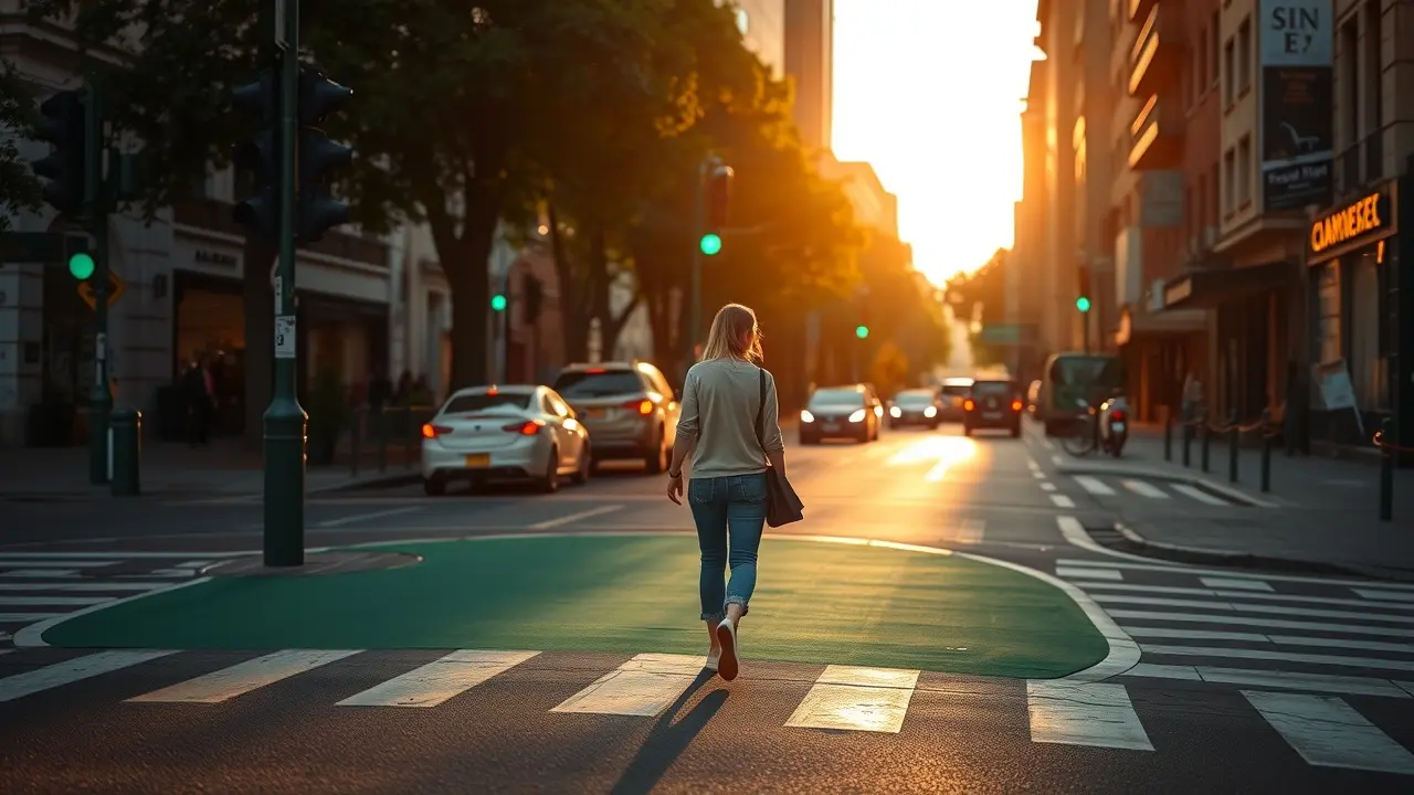 Pessoa atravessando faixa de pedestre em segurança