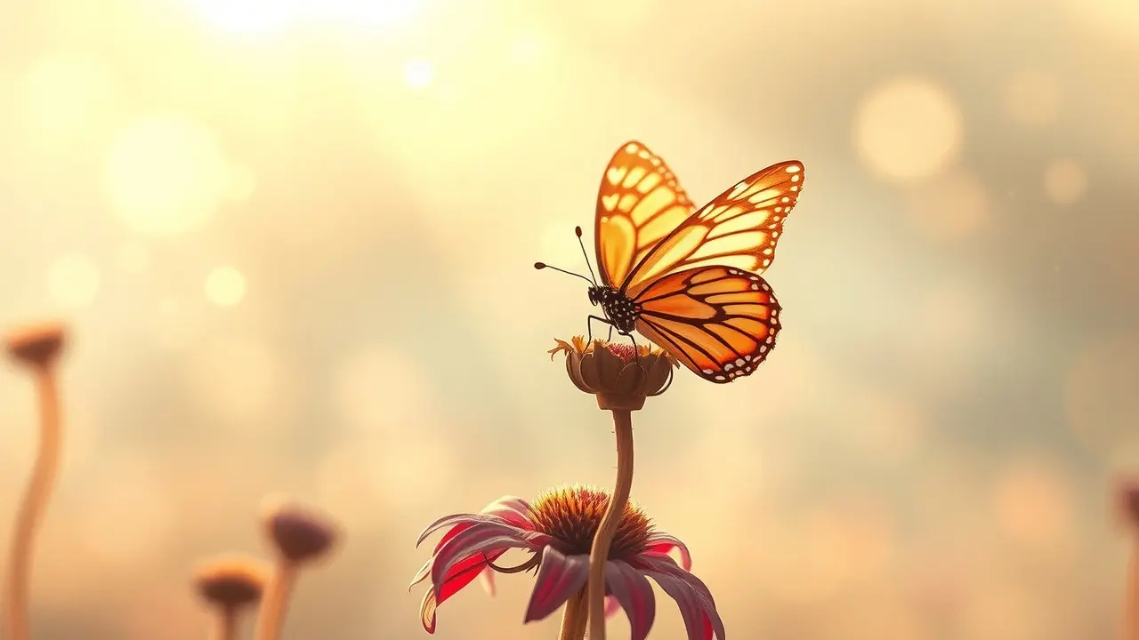 Borboleta emergindo de flor murcha simbolizando transformação após sonho com falecimento