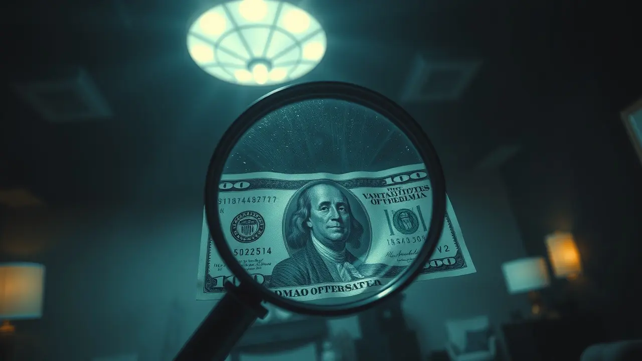 Significado de Sonhar com Falsificação: Descubra os Segredos! Lupa examinando nota falsa