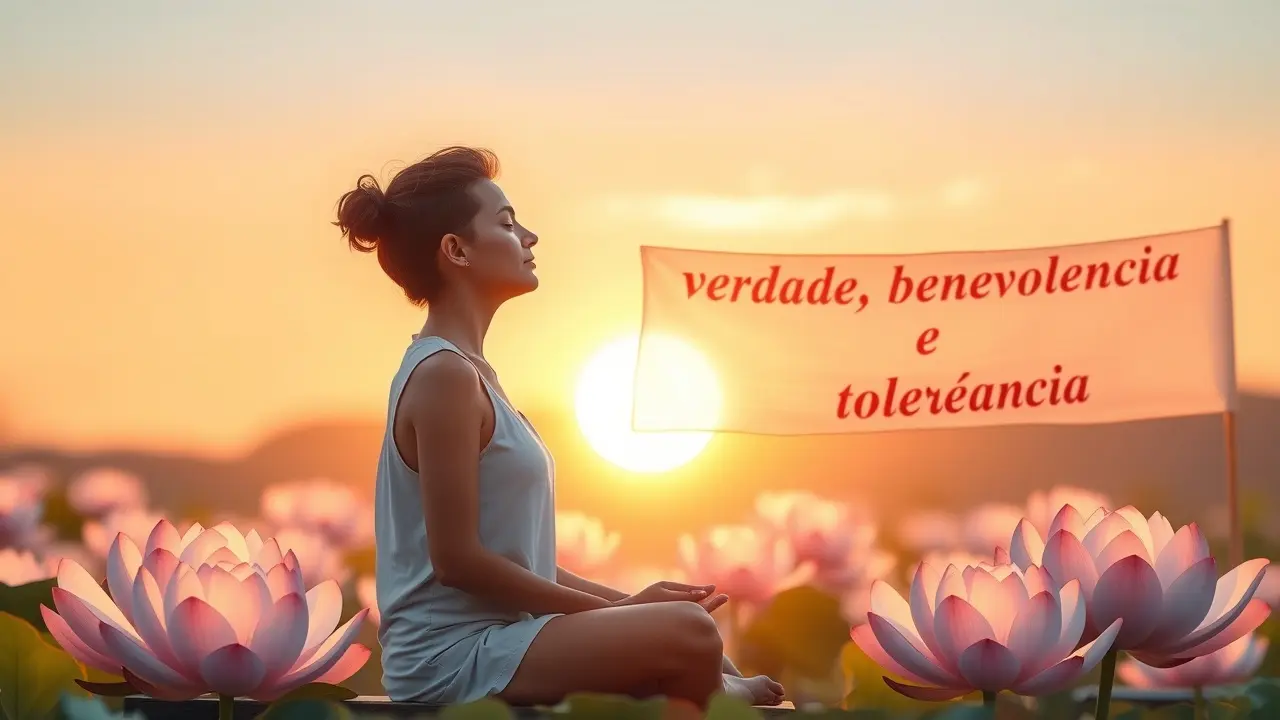 Pessoa meditando com flores de lótus e banners.
