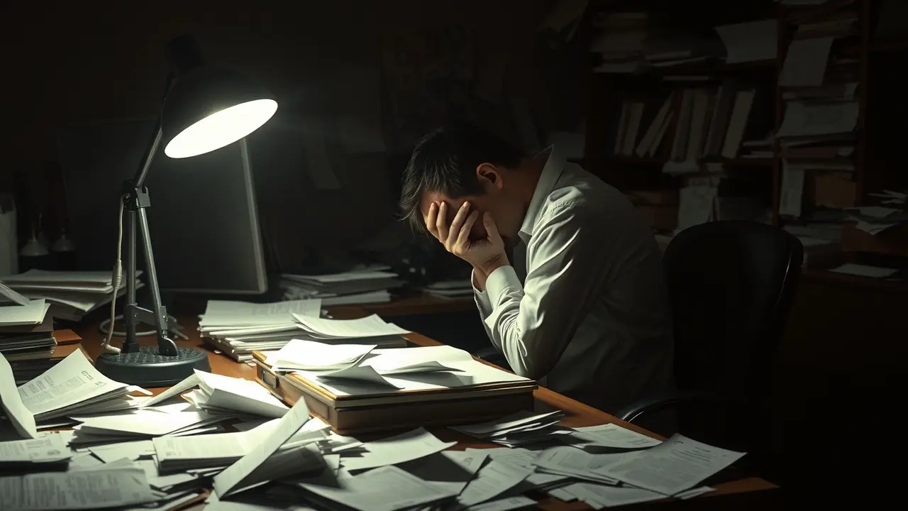 Pessoa desesperada em escritório por sonhar com falência.
