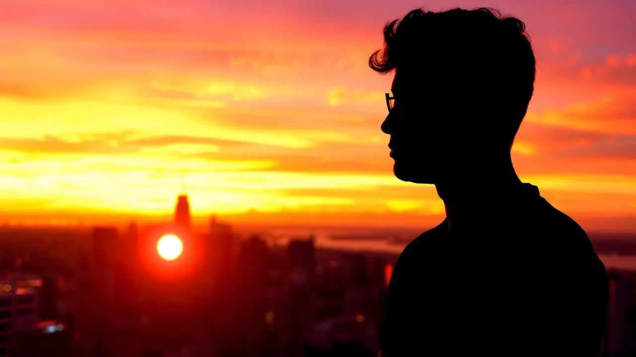 Sonhar com Fama: Descubra os Significados Ocultos! Silhueta de pessoa admirando cidade iluminada ao pôr do sol.