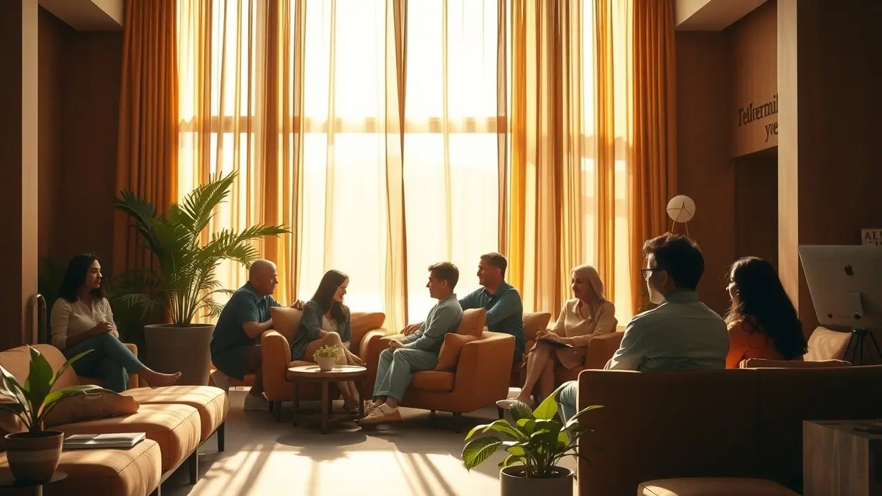 Pessoas se familiarizando em um ambiente acolhedor e ensolarado.