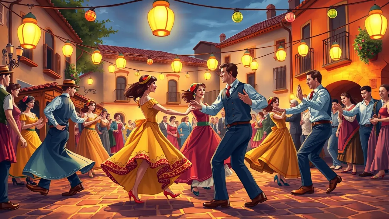 Fandango vibrante sob a luz de lanternas.
