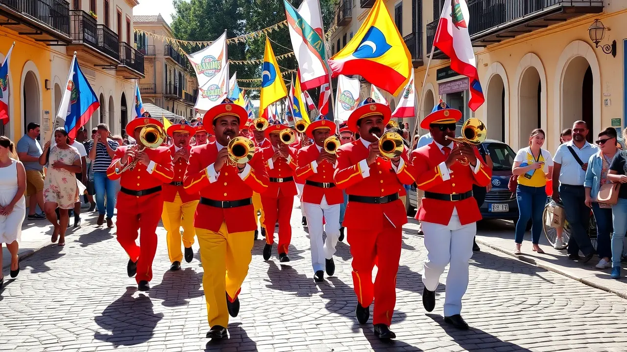 Fanfarra colorida desfilando em rua de paralelepípedos.