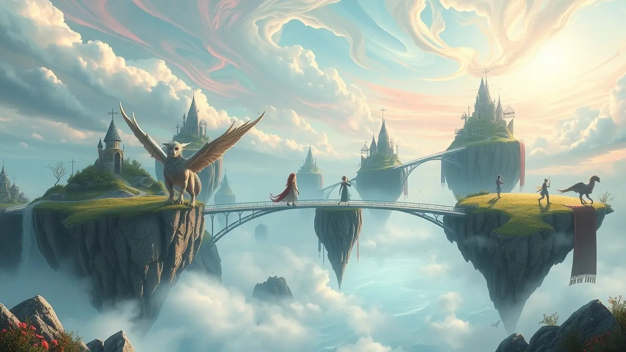Paisagem onírica fantástica com ilhas flutuantes e criaturas míticas.