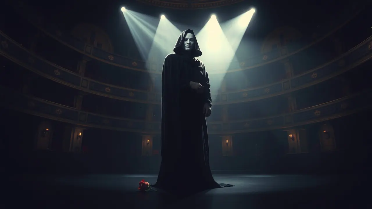 Fantasma da Ópera em teatro sombrio.
