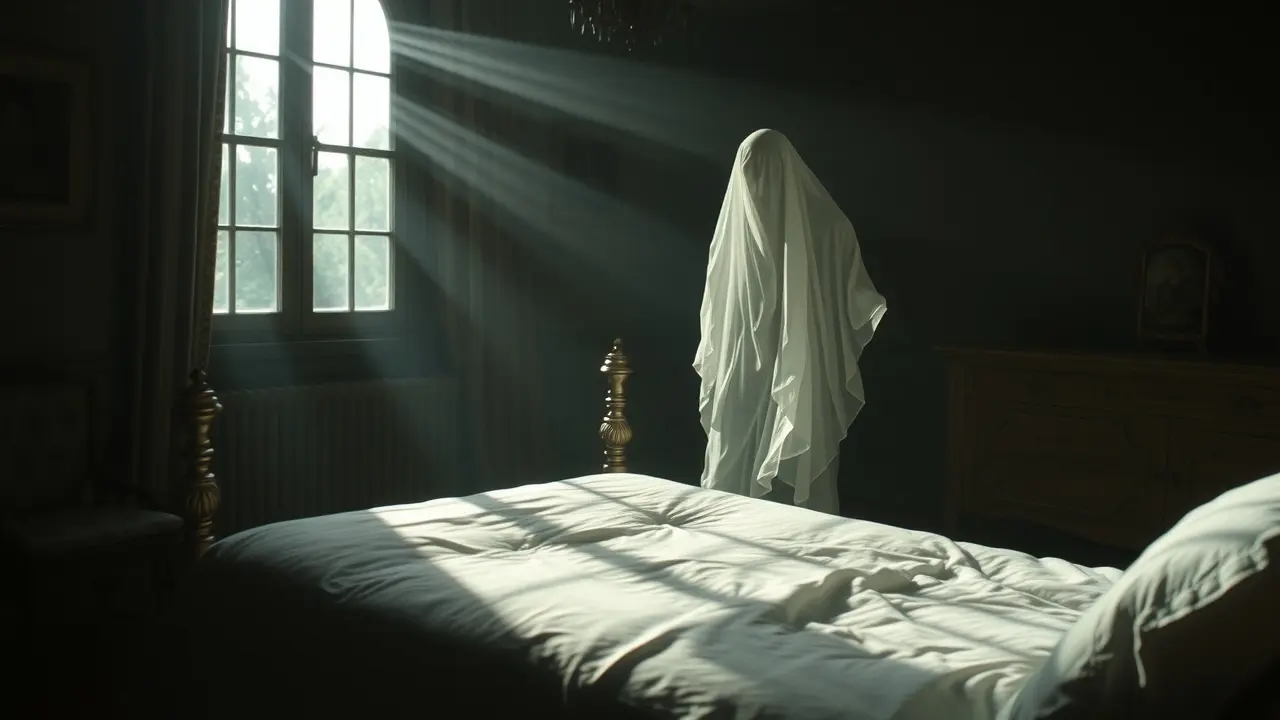 Ilustração de fantasma em casa antiga.