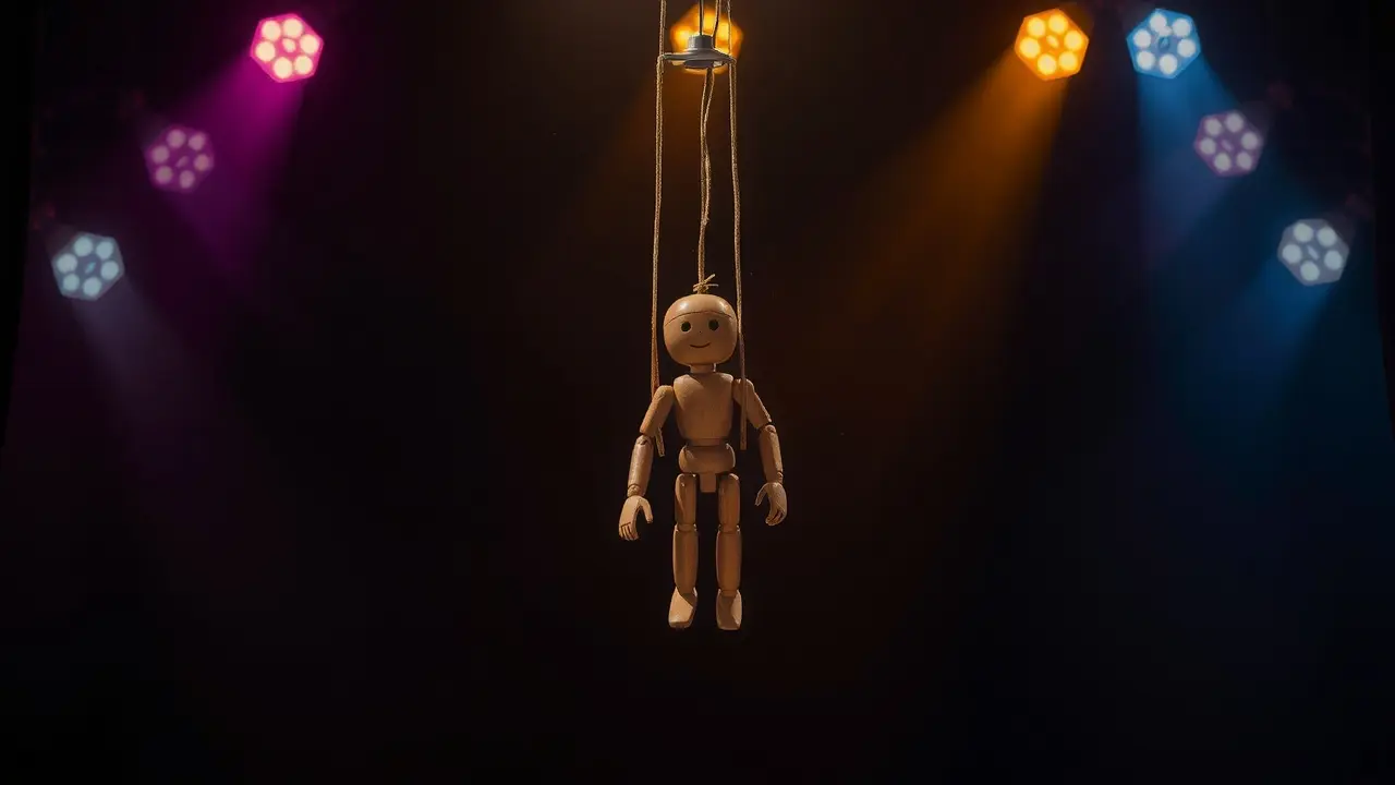 Fantoche de madeira pendurado por fios