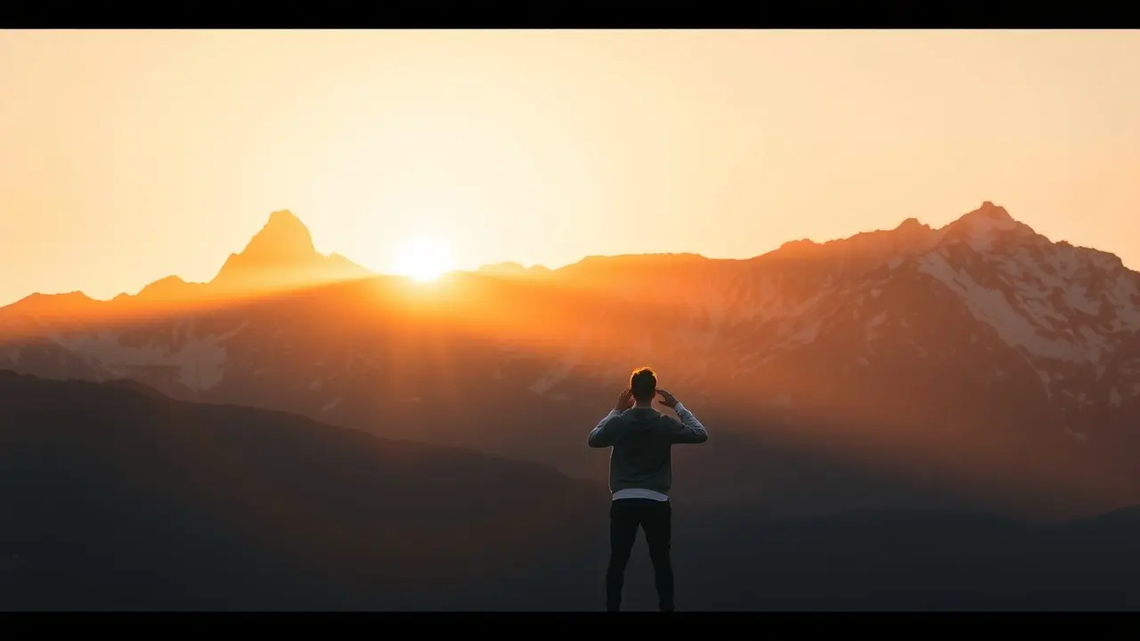 Pessoa admirando cadeia montanhosa ao nascer do sol