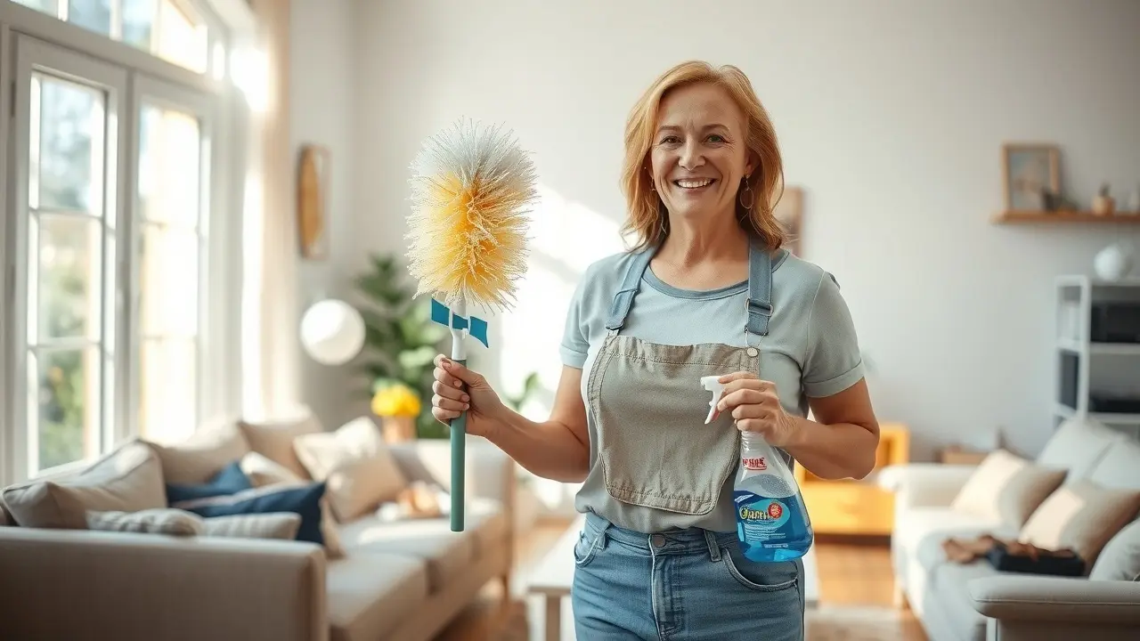Mulher sorrindo limpando sala de estar