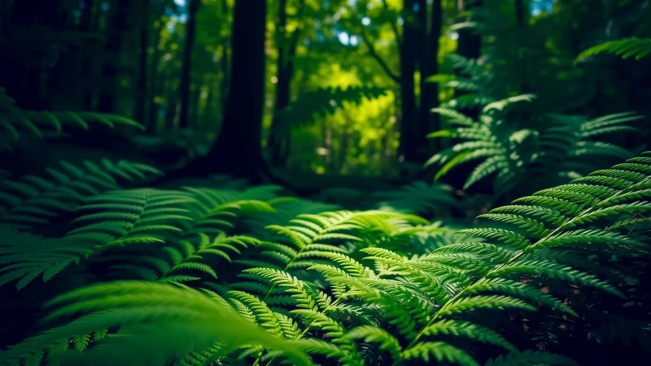 Sonhar com Fearn: Desvende os Significados Ocultos Close de um chão de floresta de samambaias verdejantes, iluminado pela luz solar filtrada.