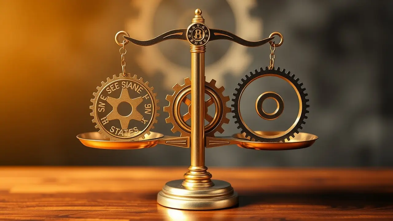 Sonhar com Federalização: Descubra o Significado e as Implicações Balança equilibrada com engrenagens representando a federalização.