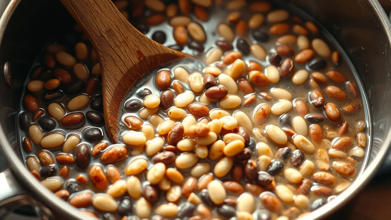 Panela de feijão cozido fumegante.
